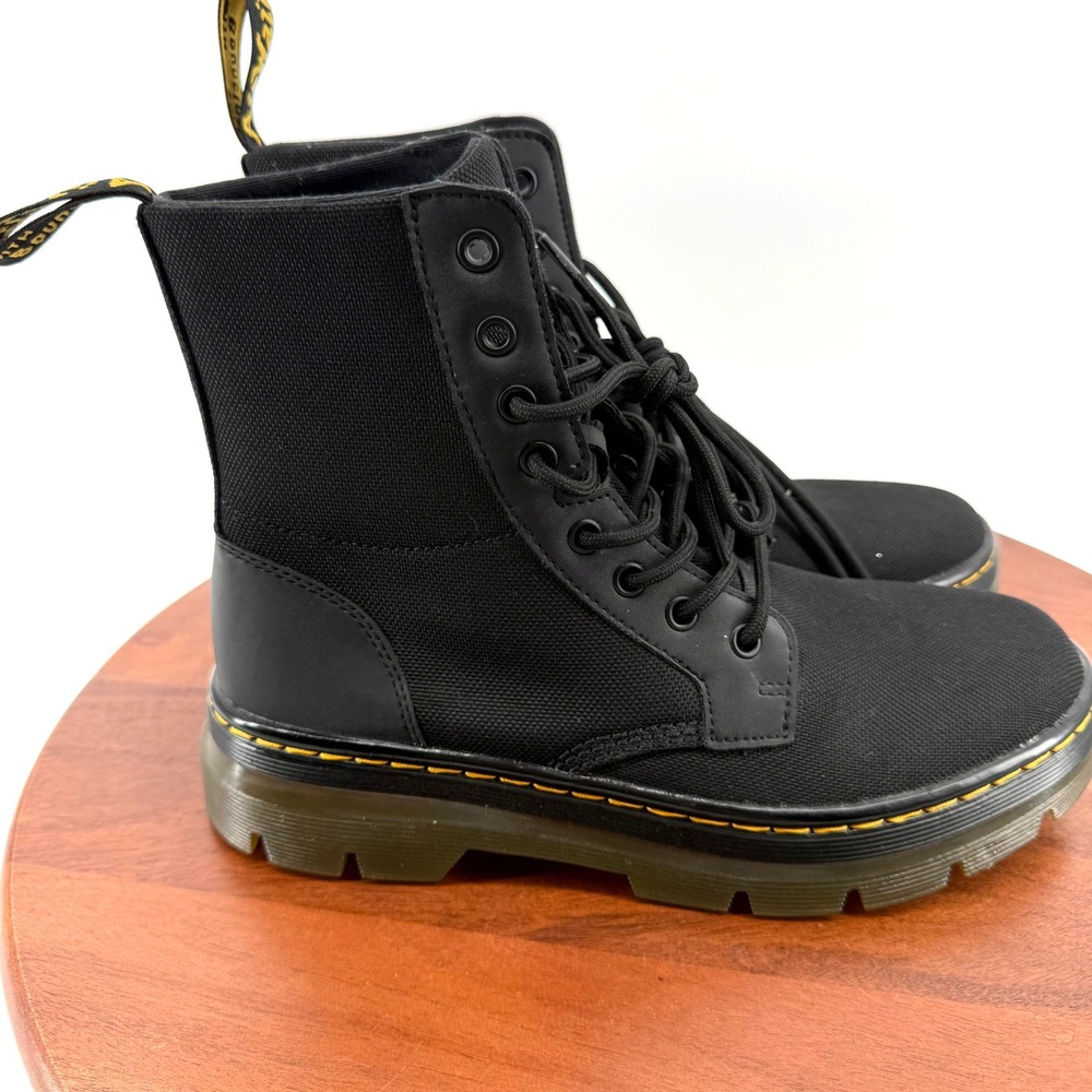 Dr. Martens Combs Combat Boots Unisex Black Nylon Leather Lace Up Men 8 Women 9
